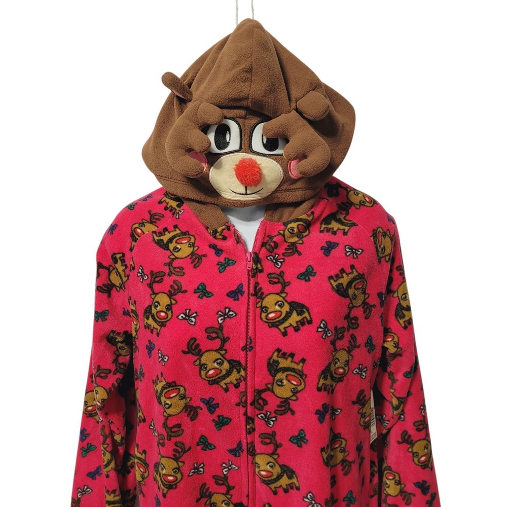 Joe Boxer Reindeer Footed Pajamas Sleeper Costume Hood One Piece Red Small